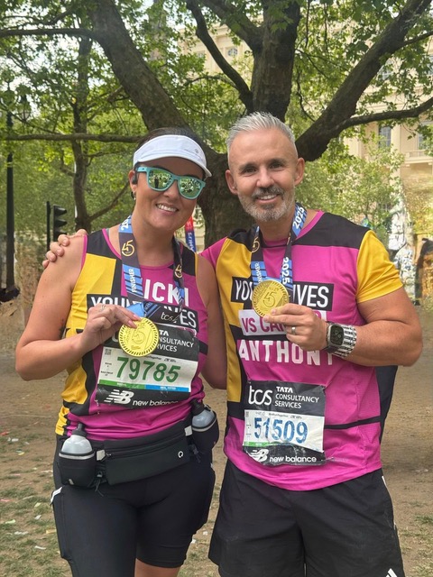 Nicki Custance and Anthony Johnson with their London Marathon 2025 medals